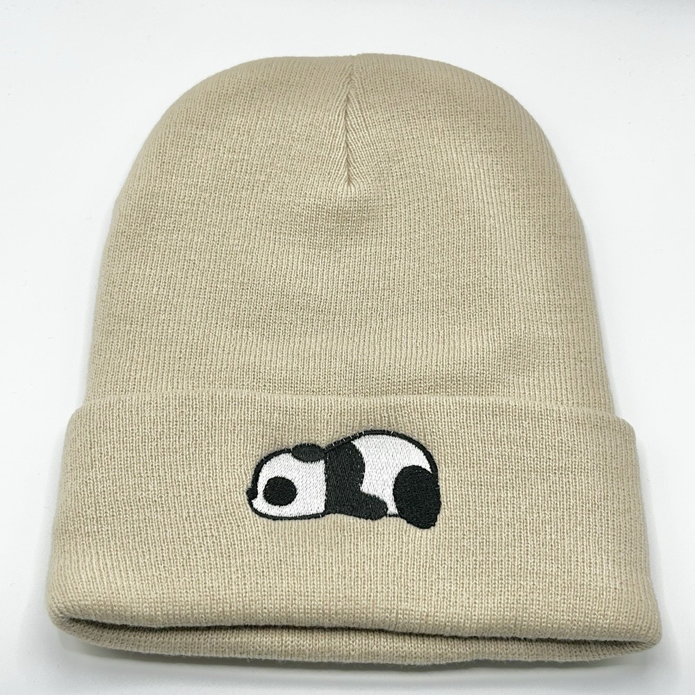 Panda Sleeping Animal Cartoon Beanie Hat Cap Knit Cuff Beige Fashion Casual